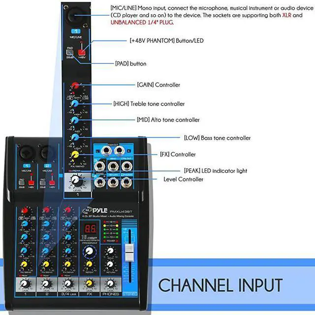 Alt view image 6 of 7 - Professional Audio Mixer Sound Board Console System Interface 4 Channel Digital USB Bluetooth MP3 Computer Input 48V Phantom Power Stereo DJ Studio Streaming FX 16Bit DSP processorPMXU43BT