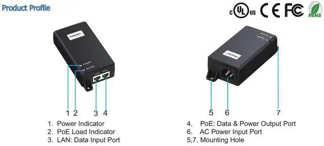Alt view image 4 of 5 - Procet 10Gbps Power-Over-Ethernet Active PoE-Injector-Midspan 60W 55V, UL Certificate, for a New Range of Applications Including 802.11ax Access Points,WiFi 6PT-PSE104GB-60-10