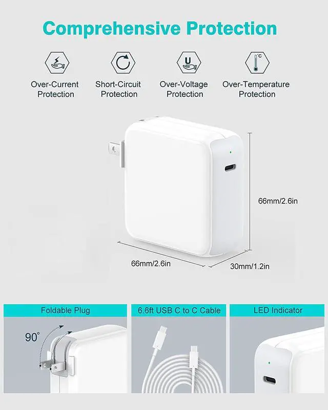 Alt view image 7 of 7 - USB C Charger Compatible with MacBook Pro 13/15/16 inch MacBook Air 13 inch M1 2020/2019/2018 Lenovo HP 65W Power Adapter Laptop Supply Plug Thunderbolt 3 LED Foldable 6.6ft USB C to C Cable