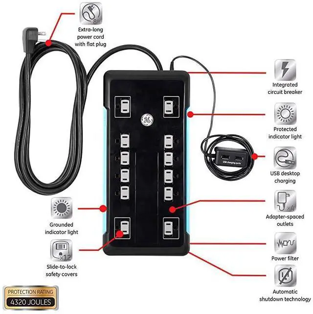 Alt view image 2 of 7 - Sur Protector 12 Outlet Power Strip 2 USB Ports ExtraLong 8ft Power Cord Flat Plug Power Filter Circuit Breaker 4320 Joules Warranty Black 11824