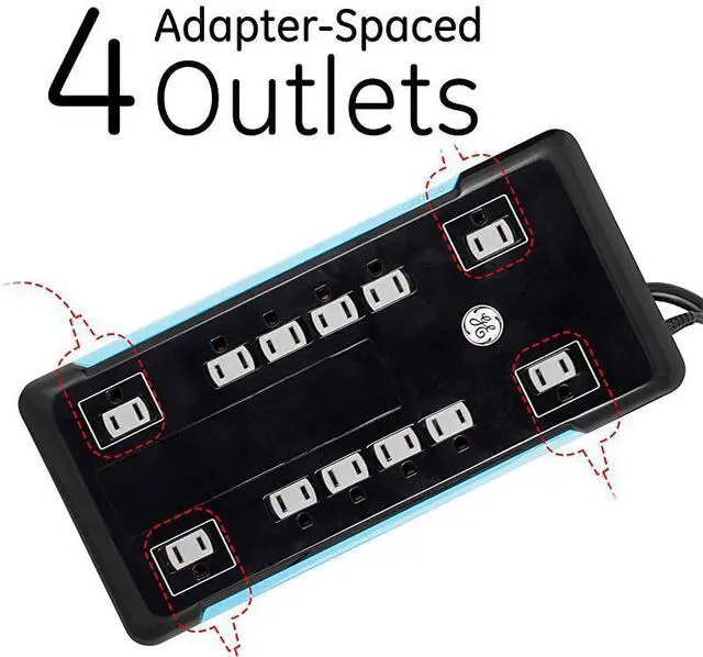 Alt view image 4 of 7 - Sur Protector 12 Outlet Power Strip 2 USB Ports ExtraLong 8ft Power Cord Flat Plug Power Filter Circuit Breaker 4320 Joules Warranty Black 11824