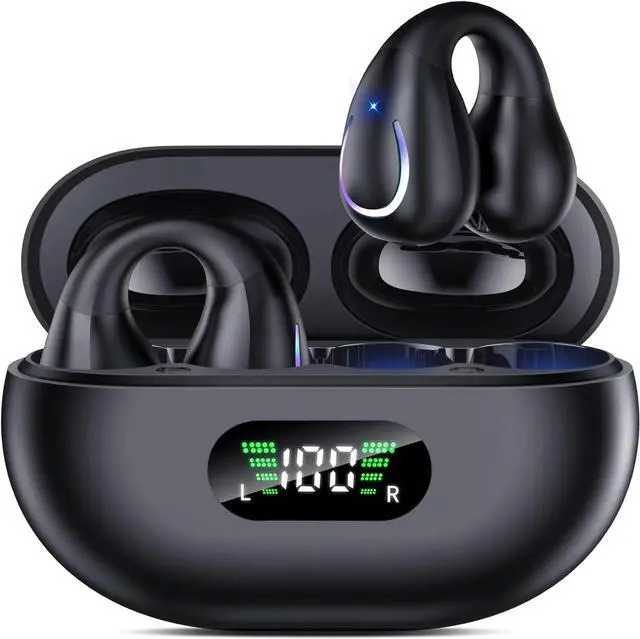 Main image of FOR-Open Ear Clip Wireless Earbuds with Bluetooth 5.3: Built-in Mic, Earhooks, Wireless Charging Case with Display, IPX4 Waterproof for Running