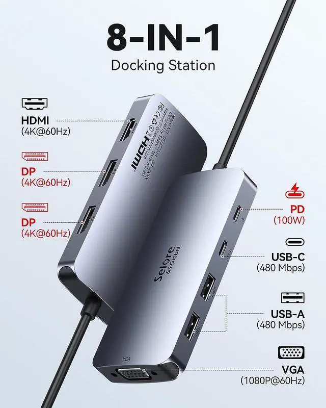 Alt view image 2 of 6 - FOR-USB C Docking Station Dual Displayport Monitor, USB C Hub Displayport with 2 DP, HDMI, VGA, PD Charging, USB A&C 2.0 Ports Multi Monitors Adapter for Dell/HP/Lenovo, etc