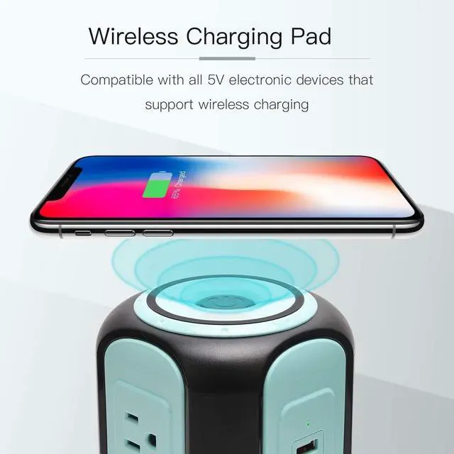Alt view image 2 of 7 - FOR-SUPERDANNY 10ft Power Strip Tower Wireless Charger Surge Protector Extension Cord 10A 9-Outlet 4 USB 4.5A Fast Speed Charging Electrical Station Universal Socket for Laptop Phone Black and Blue