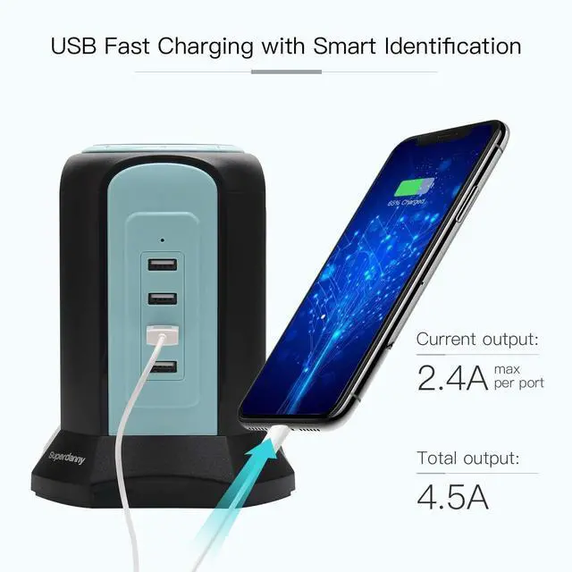 Alt view image 3 of 7 - FOR-SUPERDANNY 10ft Power Strip Tower Wireless Charger Surge Protector Extension Cord 10A 9-Outlet 4 USB 4.5A Fast Speed Charging Electrical Station Universal Socket for Laptop Phone Black and Blue