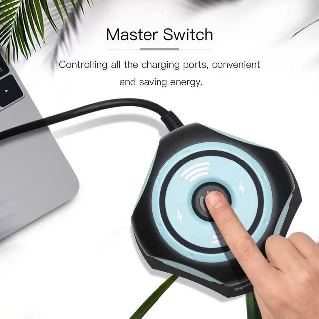 Alt view image 6 of 7 - FOR-SUPERDANNY 10ft Power Strip Tower Wireless Charger Surge Protector Extension Cord 10A 9-Outlet 4 USB 4.5A Fast Speed Charging Electrical Station Universal Socket for Laptop Phone Black and Blue