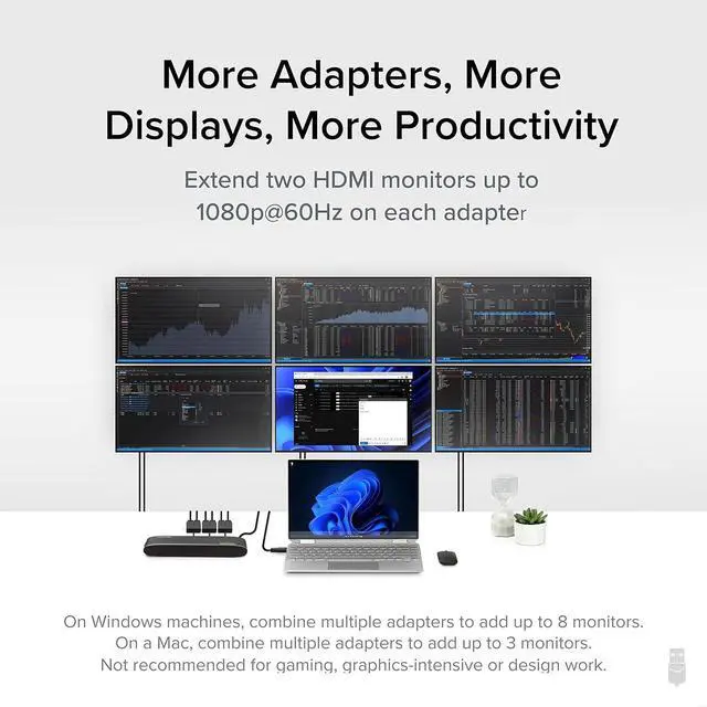 Alt view image 3 of 7 - FOR-USB 3.0 or USB C to HDMI Adapter for Dual Monitors Universal Video Graphics Adapter for Mac and Windows Thunderbolt 3/4 USB 3.0 or USB-C 1080p@60Hz