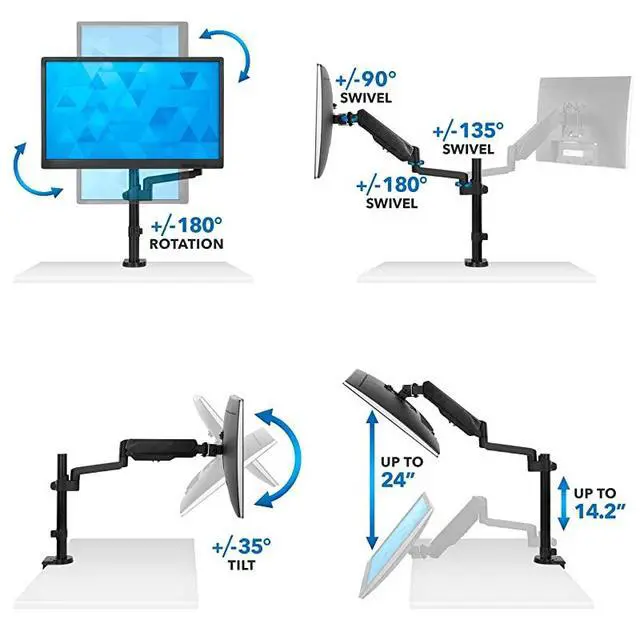 Alt view image 5 of 7 - FOR-Single Monitor Arm Mount | Desk Stand | Full Motion Height Adjustable Articulating Gas Spring Arm | Fits 19 21 24 27 29 30 32 Inch VESA Compatible Computer Screen | CClamp and Grommet Base