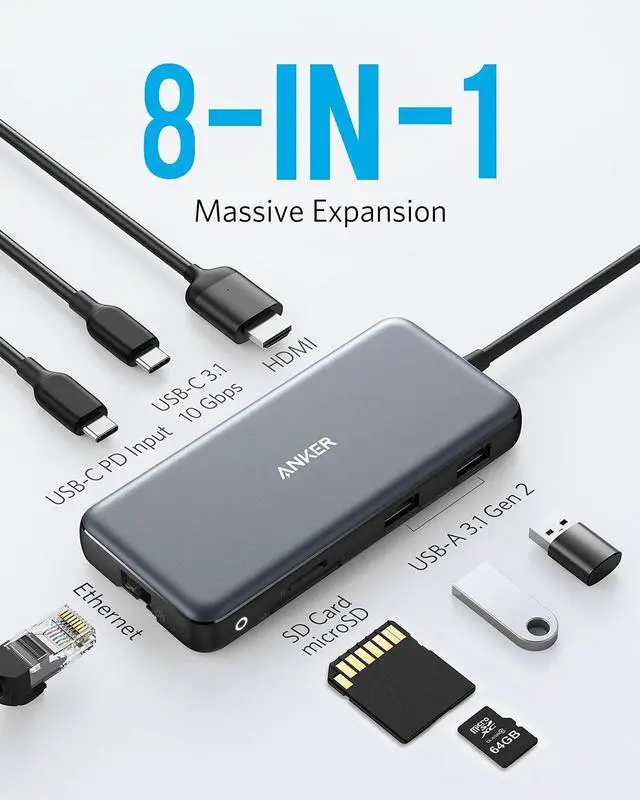 Alt view image 2 of 7 - FOR-USB C Hub 555 USB-C Hub (8-in-1) with 100W Power Delivery 4K 60Hz HDMI Port 10Gbps USB C and 2 USB A Data Ports Ethernet Port microSD and SD Card Reader for MacBook Pro and More