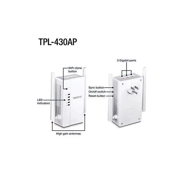 Alt view image 2 of 7 - FOR-WiFi Everywhere Powerline 1200 AV2 AC1200 Wireless Access Point DualBand 3 x Gigabit Ports WiFi Clone Cross Compatible with Powerline 600500200 TPL430AP White