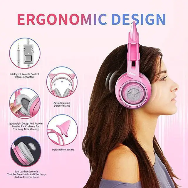 Alt view image 4 of 6 - FOR-G951s Pink Stereo Gaming Headset with Mic for PS4 Xbox One PC Mobile Phone 35MM Sound Detachable Cat Ear Headphones Lightweight SelfAdjusting Over Ear Headphones for Women