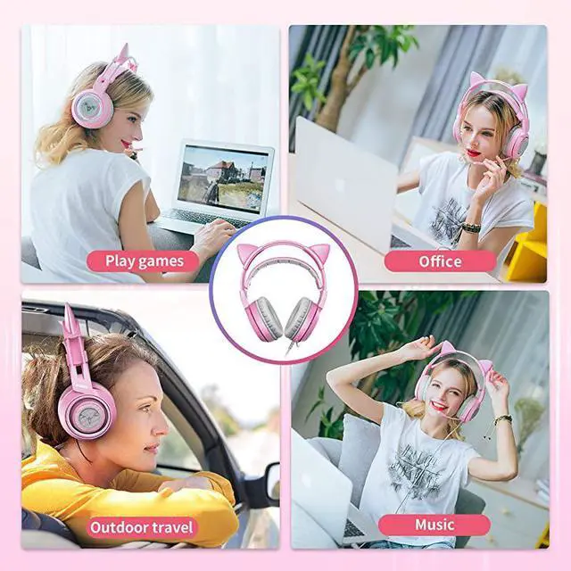 Alt view image 6 of 6 - FOR-G951s Pink Stereo Gaming Headset with Mic for PS4 Xbox One PC Mobile Phone 35MM Sound Detachable Cat Ear Headphones Lightweight SelfAdjusting Over Ear Headphones for Women