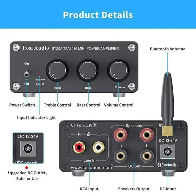 Alt view image 2 of 6 - FOR-Bluetooth 50 Stereo Audio 2 Channel Amplifier Receiver Mini HiFi Class D Integrated Amp 20CH for Home Speakers 100W x 2 with Bass and Treble Control TPA3116 with Power Supply