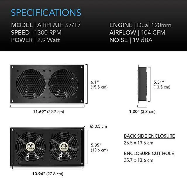 Alt view image 6 of 7 - FOR-AIRPLATE S7 Quiet Cooling Fan System 12 with Speed Control for Home Theater AV Cabinets
