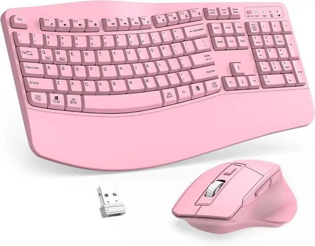 Main image of FOR-2.4G Full Size Wave Keys Ergonomic Keyboard with Wrist Rest and 3-Level DPI Adjustable Wireless Ergonomic Mouse for Windows, Mac OS Desktop/Laptop/PC(Pink)