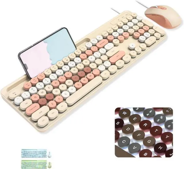Main image of Generic Brand Backlit Keyboard with Round Keycaps, 109 Silent Fullsize Keys, Integrated Phone/Tablet Dock, Colorful Pastel Design, Typewriter Style, 1 Set