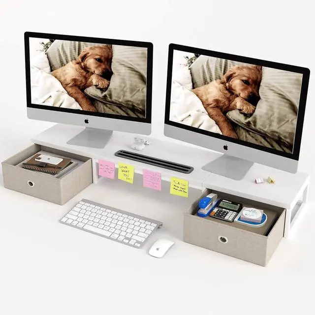 Main image of FOR-Dual Monitor Stand Riser with 2 Drawers - 39Inch Large Storage Computer Monitor Stands for 2 Monitors for Home Office Desk, Computer, Laptop, White