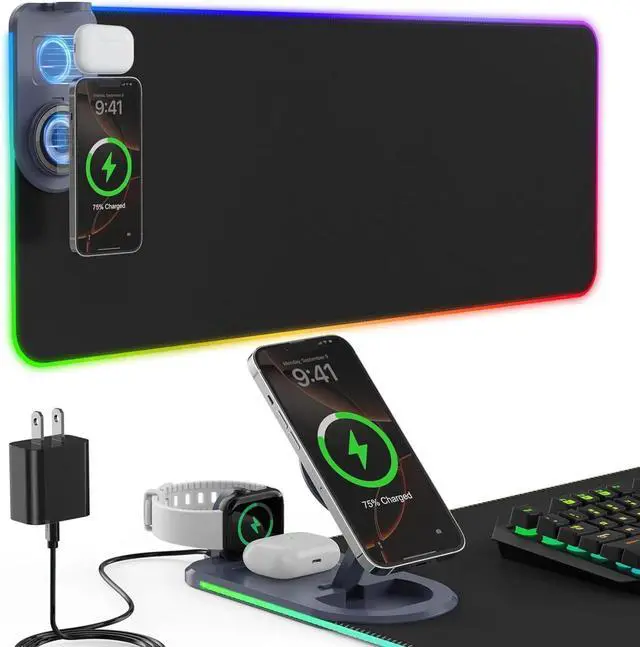 Main image of FOR-15W Wireless Charging Mouse Pad with Phone Holder 20W Power Adapter, RGB Gaming Mouse Pad, 15 Lights Mode 31.5"x15.75" XXL Large Desk Pad
