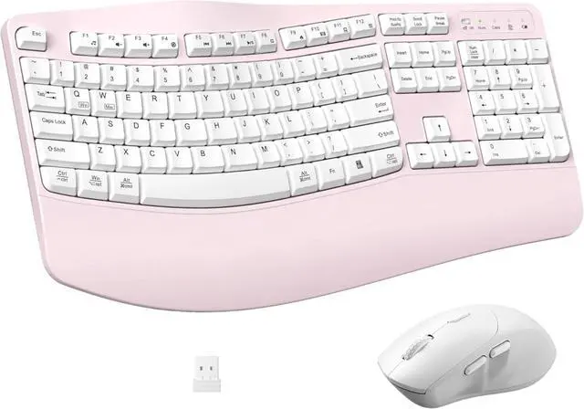 Main image of FOR-Ergonomic Wireless Keyboard and Mouse Combo, Wave Keys Keyboard with Wrist Rest for Natural Typing, 3 DPI Adjustable Ergonomic Silent Mouse (Pink)