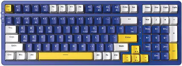 Main image of Generic Brand Triple Mode 100-Key Mechanical Gaming Keyboard, Ice-Blue Backlit, Brown Switch, Rechargeable, USB-C/2.4G/Bluetooth, Blue/White/Yellow, Office or Gaming Use, 1 Pack