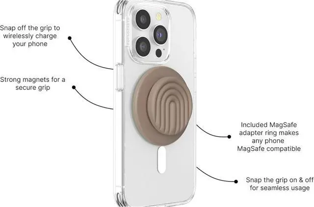 Alt view image 2 of 6 - Phone Grip for MagSafe with Kickstand, Magnetic Stand, Swappable Top, Secure Hold for iPhone MagSafe Cases- Curves Latte