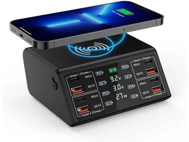 Main image of USB Charger, 100W 8 Port Multiple USB Charging Station with 4 Quick Charge 3.0, 4 USB C PD Port, Wireless Charger, LCD Display Fast USB Charging Hub for i-Phone 13 12 i-Pad Sam-sung and More
