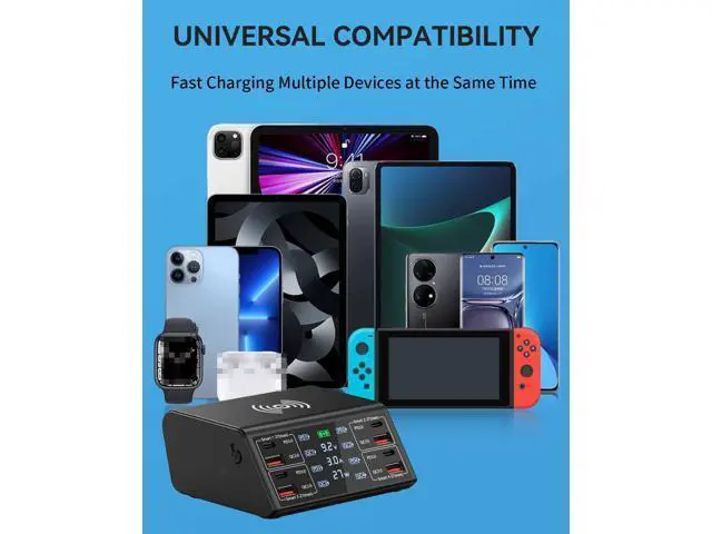 Alt view image 7 of 7 - USB Charger, 100W 8 Port Multiple USB Charging Station with 4 Quick Charge 3.0, 4 USB C PD Port, Wireless Charger, LCD Display Fast USB Charging Hub for i-Phone 13 12 i-Pad Sam-sung and More