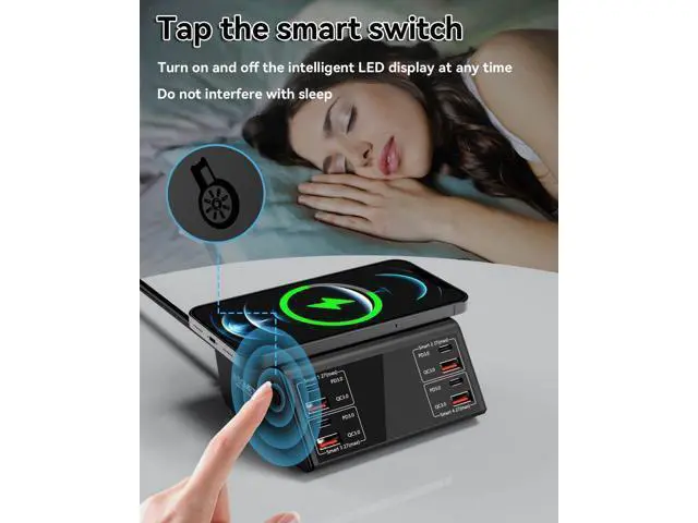 Alt view image 6 of 7 - USB Charger, 100W 8 Port Multiple USB Charging Station with 4 Quick Charge 3.0, 4 USB C PD Port, Wireless Charger, LCD Display Fast USB Charging Hub for i-Phone 13 12 i-Pad Sam-sung and More