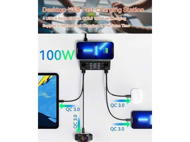 Alt view image 5 of 7 - USB Charger, 100W 8 Port Multiple USB Charging Station with 4 Quick Charge 3.0, 4 USB C PD Port, Wireless Charger, LCD Display Fast USB Charging Hub for i-Phone 13 12 i-Pad Sam-sung and More