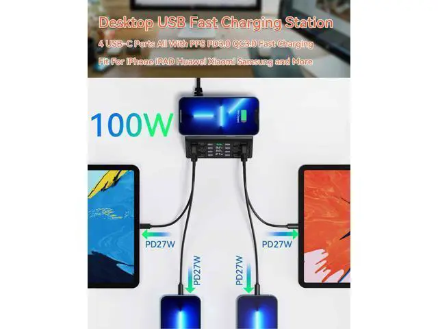 Alt view image 2 of 7 - USB Charger, 100W 8 Port Multiple USB Charging Station with 4 Quick Charge 3.0, 4 USB C PD Port, Wireless Charger, LCD Display Fast USB Charging Hub for i-Phone 13 12 i-Pad Sam-sung and More