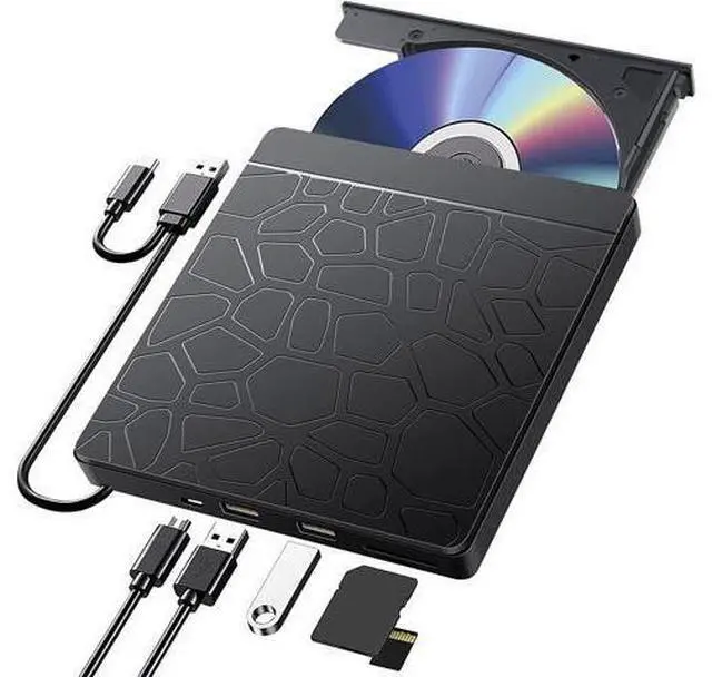 Main image of External CD DVD Drive for laptop Windows 11 10, USB 3.0 and Type-C Portable CD DVD +/-RW ROM Drive Reader CD/DVD Burner Rewriter with SD TF Slot & 2x USB Ports, Slim DVD/CD Player for Linux, Mac OS
