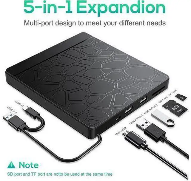 Alt view image 2 of 7 - External CD DVD Drive for laptop Windows 11 10, USB 3.0 and Type-C Portable CD DVD +/-RW ROM Drive Reader CD/DVD Burner Rewriter with SD TF Slot & 2x USB Ports, Slim DVD/CD Player for Linux, Mac OS