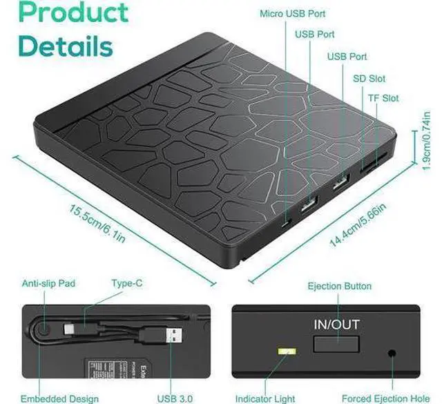 Alt view image 3 of 7 - External CD DVD Drive for laptop Windows 11 10, USB 3.0 and Type-C Portable CD DVD +/-RW ROM Drive Reader CD/DVD Burner Rewriter with SD TF Slot & 2x USB Ports, Slim DVD/CD Player for Linux, Mac OS