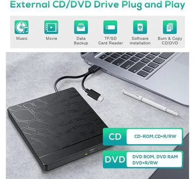 Alt view image 5 of 7 - External CD DVD Drive for laptop Windows 11 10, USB 3.0 and Type-C Portable CD DVD +/-RW ROM Drive Reader CD/DVD Burner Rewriter with SD TF Slot & 2x USB Ports, Slim DVD/CD Player for Linux, Mac OS