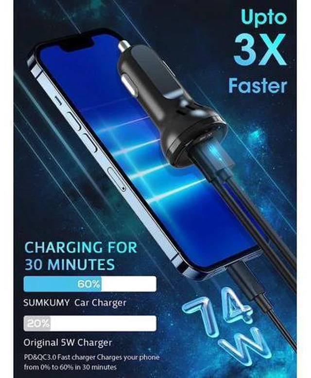 Alt view image 3 of 7 - USB C Car Charger, 74W Fast Car Phone Charger PD & QC 3.0 Car Charger with 6.5ft Cable for Back Seat Charging, 4 Multi Ports Cigarette Lighter Adapter Car Charger for Smartphones, Tablet PC..