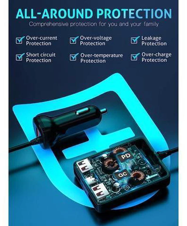 Alt view image 4 of 7 - USB C Car Charger, 74W Fast Car Phone Charger PD & QC 3.0 Car Charger with 6.5ft Cable for Back Seat Charging, 4 Multi Ports Cigarette Lighter Adapter Car Charger for Smartphones, Tablet PC..