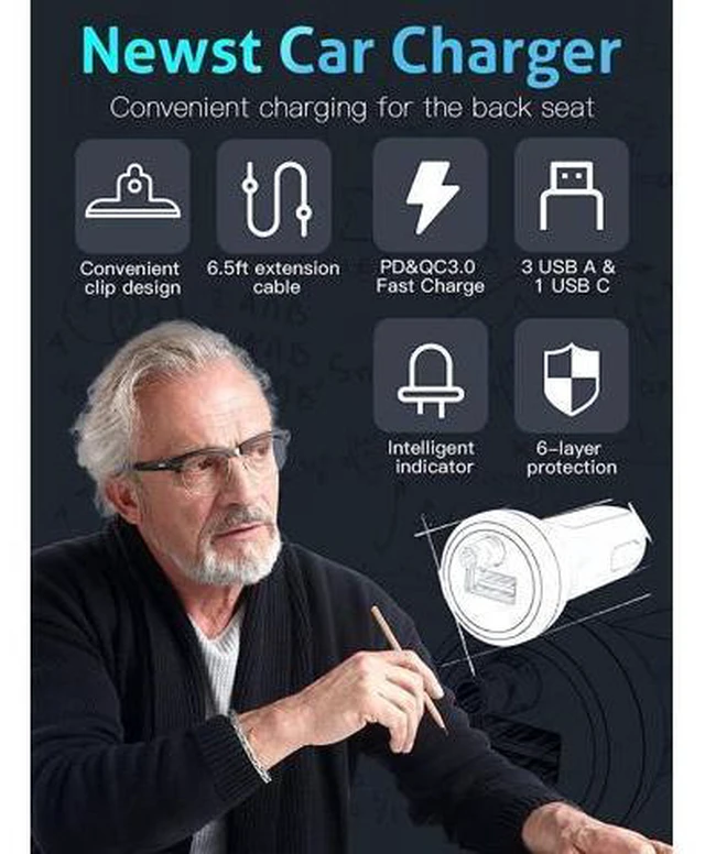 Alt view image 7 of 7 - USB C Car Charger, 74W Fast Car Phone Charger PD & QC 3.0 Car Charger with 6.5ft Cable for Back Seat Charging, 4 Multi Ports Cigarette Lighter Adapter Car Charger for Smartphones, Tablet PC..