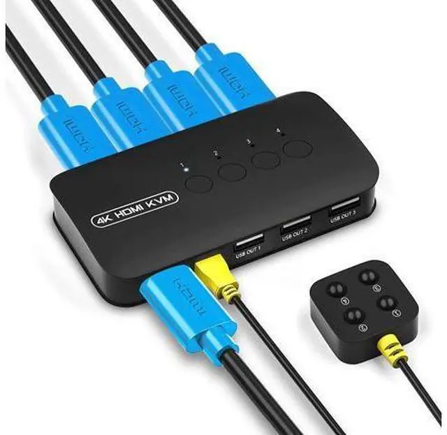 Main image of 4 Ports HDMI KVM Switch, HDMI USB Selector for 4 Computers Share Keyboard Mouse Printer and One HD 4K@30Hz Monitor, Including 4 KVM Cables