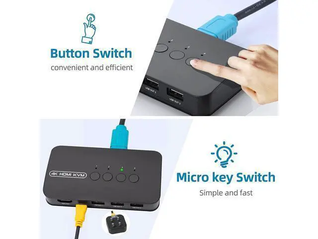 Alt view image 5 of 6 - 4 Ports HDMI KVM Switch, HDMI USB Selector for 4 Computers Share Keyboard Mouse Printer and One HD 4K@30Hz Monitor, Including 4 KVM Cables