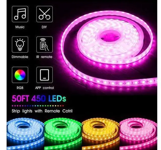 Alt view image 2 of 7 - 50ft/15M LED Strip Lights, HRDJ RGB LED Light Strip Music Sync RGB LED Strip,5050 SMD Color Changing LED Strip Light Bluetooth Controller + 24 Key Remote LED Lights for Bedroom Home Party