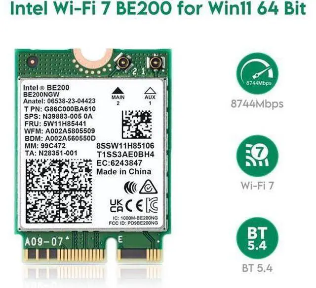 Main image of Wireless WiFi Network Card, BE200 WiFi 7 Adapter, BE200NGW 8774Mbps Bluetooth 5.4 Tri-Band 802.11be NGFF M.2 Module, MU-MIMO, WPA4, Wireless Adapter for Laptop, Only Work for Windows 11 (64-bit)