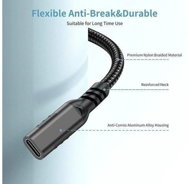 Alt view image 7 of 7 - USB C Extension Cable 10ft/3M,Nylon Braided USB Type C Extender Cord Male to Female, USB C 3.2 Gen2 100W Fast Charging 4K @60Hz 10Gbps Data Transfer Compatibility for M-a-c-Book Laptop Mobile Phone