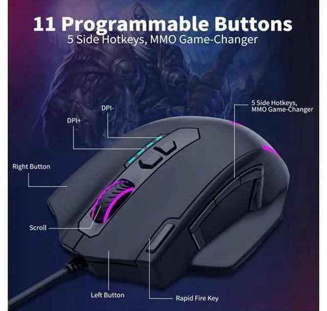 Alt view image 4 of 7 - AUTYUE Large Gaming Mouse Wired, 12400 DPI, 11 Programmable Buttons, Rapid Fire Button, 5 Side Buttons, RGB Backlit, Adjustable Weights, Software Supports, Wired Mouse for PC/Mac and Laptop - Black