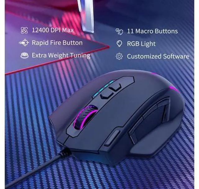 Alt view image 2 of 7 - AUTYUE Large Gaming Mouse Wired, 12400 DPI, 11 Programmable Buttons, Rapid Fire Button, 5 Side Buttons, RGB Backlit, Adjustable Weights, Software Supports, Wired Mouse for PC/Mac and Laptop - Black