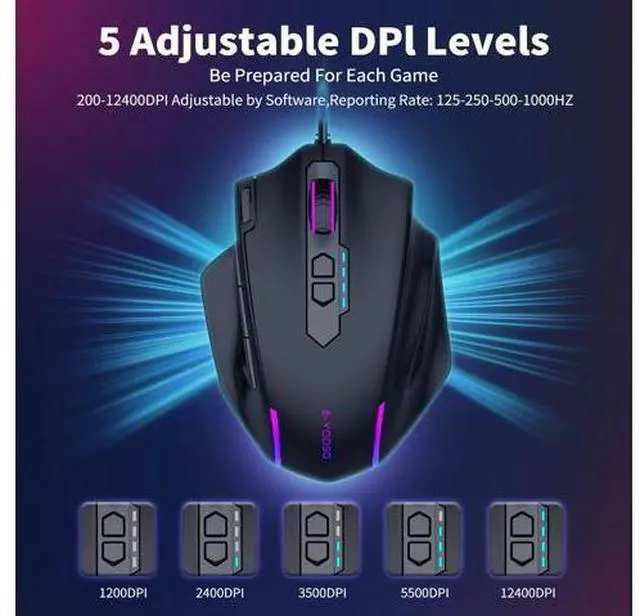 Alt view image 3 of 7 - AUTYUE Large Gaming Mouse Wired, 12400 DPI, 11 Programmable Buttons, Rapid Fire Button, 5 Side Buttons, RGB Backlit, Adjustable Weights, Software Supports, Wired Mouse for PC/Mac and Laptop - Black