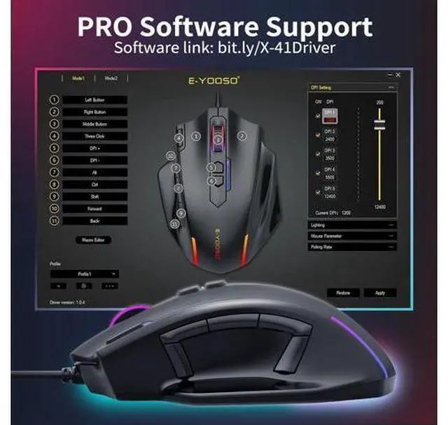 Alt view image 6 of 7 - AUTYUE Large Gaming Mouse Wired, 12400 DPI, 11 Programmable Buttons, Rapid Fire Button, 5 Side Buttons, RGB Backlit, Adjustable Weights, Software Supports, Wired Mouse for PC/Mac and Laptop - Black