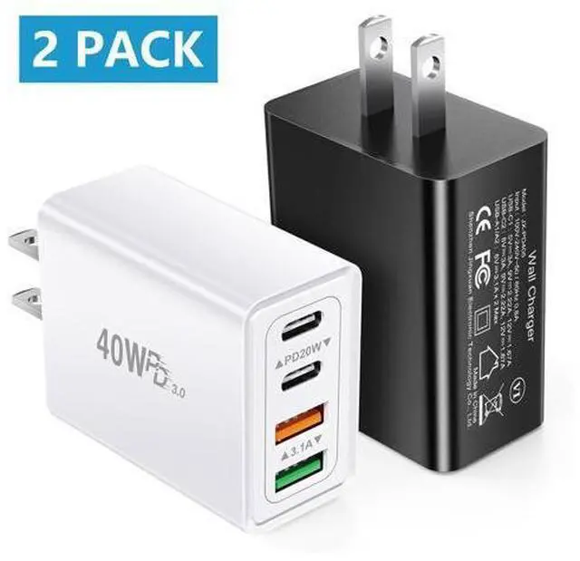 Main image of 2 Pack USB C Wall Charger, 4 Port USB C and QC3.0 Fast Charger Block, 40W Dual USB C Dual USB-A Charger Plug Phone Charging Cube Compatible with i-Phone 15 14 13 12 Pro Max, XS/XR/X, i-Pad,S23 S22..