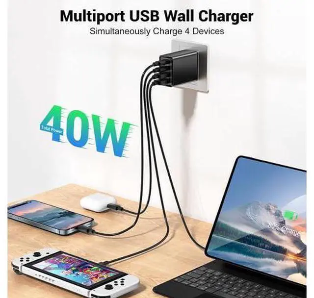 Alt view image 2 of 7 - 2 Pack USB C Wall Charger, 4 Port USB C and QC3.0 Fast Charger Block, 40W Dual USB C Dual USB-A Charger Plug Phone Charging Cube Compatible with i-Phone 15 14 13 12 Pro Max, XS/XR/X, i-Pad,S23 S22..