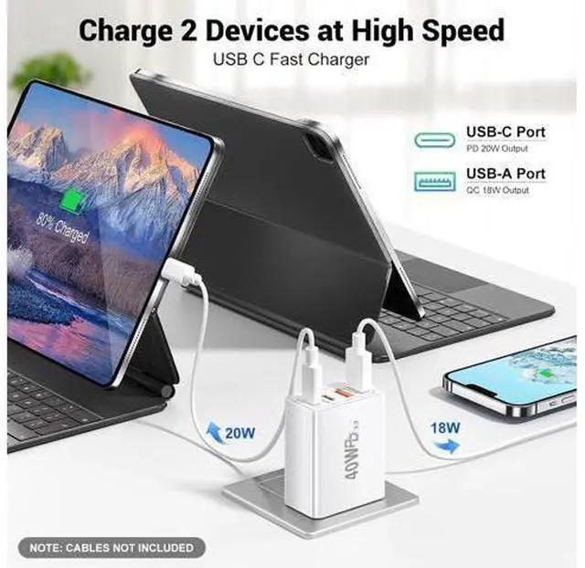 Alt view image 3 of 7 - 2 Pack USB C Wall Charger, 4 Port USB C and QC3.0 Fast Charger Block, 40W Dual USB C Dual USB-A Charger Plug Phone Charging Cube Compatible with i-Phone 15 14 13 12 Pro Max, XS/XR/X, i-Pad,S23 S22..