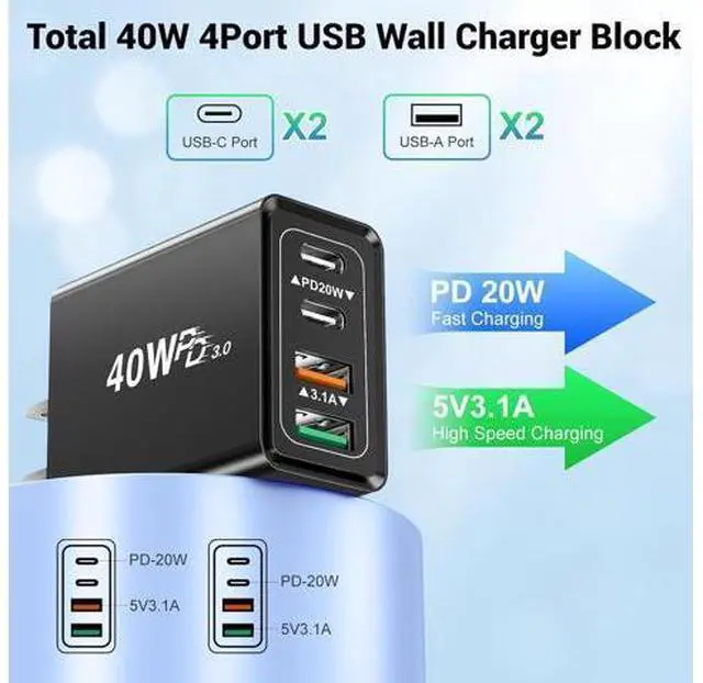 Alt view image 4 of 7 - 2 Pack USB C Wall Charger, 4 Port USB C and QC3.0 Fast Charger Block, 40W Dual USB C Dual USB-A Charger Plug Phone Charging Cube Compatible with i-Phone 15 14 13 12 Pro Max, XS/XR/X, i-Pad,S23 S22..